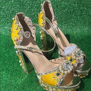 Vibrant Yellow Embellished Heels by AZALEA Wang